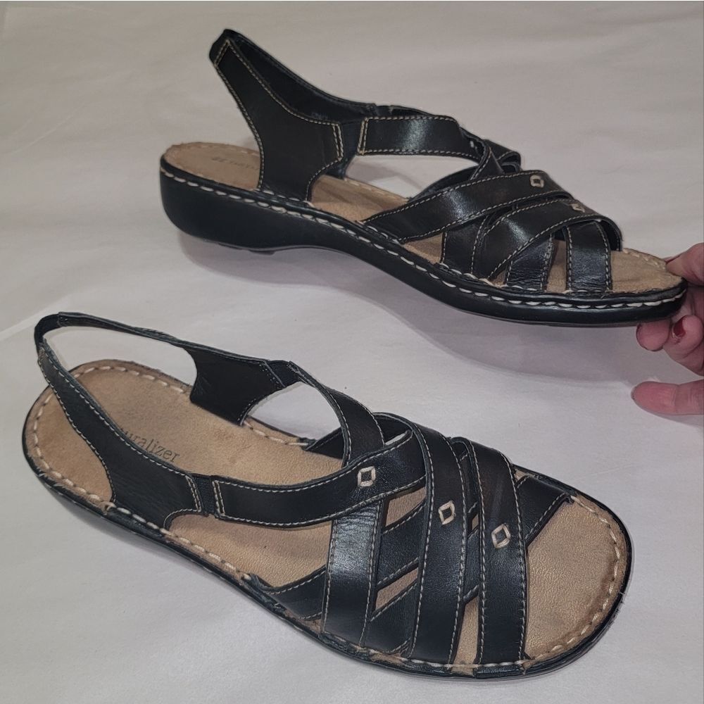 Naturalizer Craft Black Leather Strappy Comfort Sandals w Thick Stitching Sz 9.5